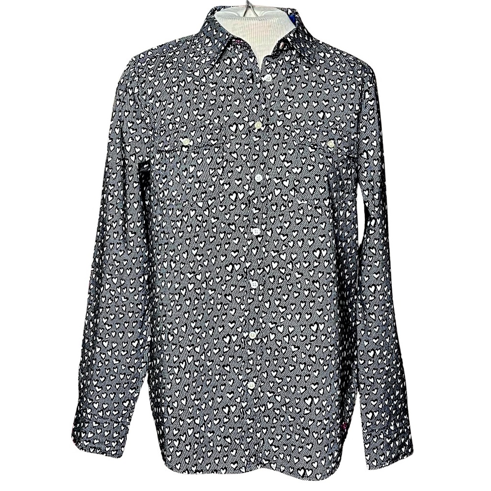 Talbots Black Background with White Hearts Long Sleeve Cotton Button Up Shirt